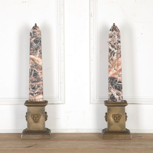 early 20th century pair of marble and bronze obelisk lamps - CATEGORY: ANTIQUE MISCELLANEOUS - DATED 1920