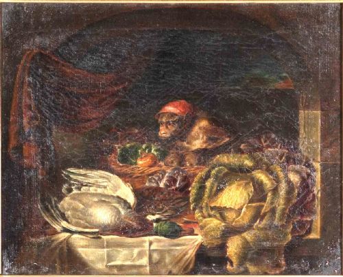 19TH CENTURY OIL ON CANVAS PAINTING OF A MONKEY - ADDITIONAL PHOTO 1