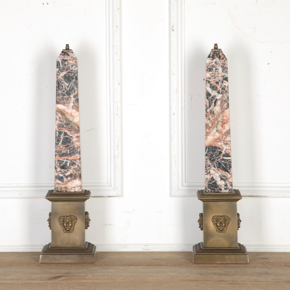 Early 20th Century pair of marble and bronze obelisk lamps