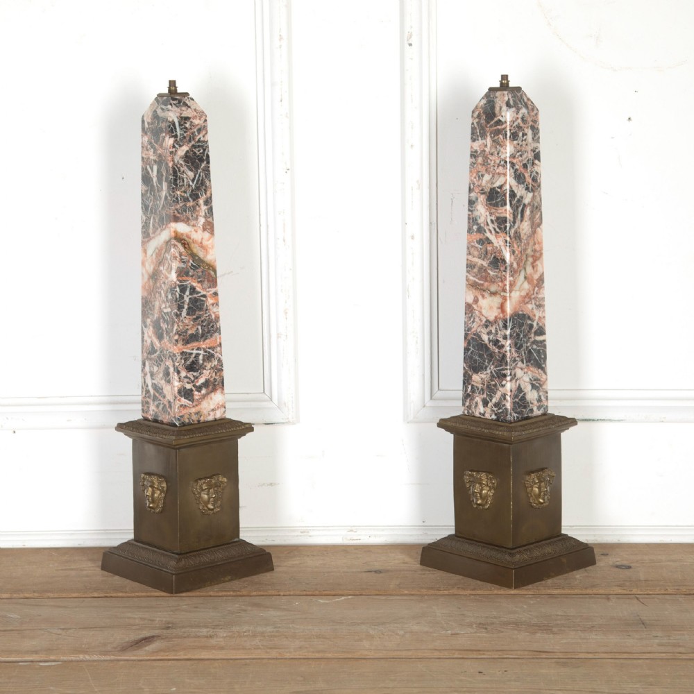 Early 20th Century pair of marble and bronze obelisk lamps View II