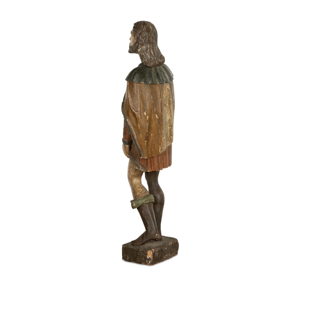 An 18th-century carved wooden polychrome statue depicting Saint Roch standing on a square timber base. View V