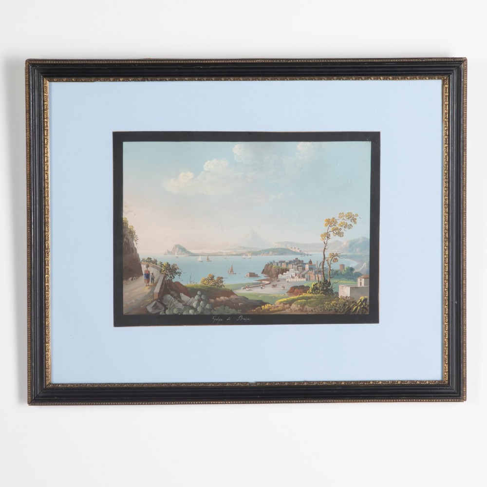 A set of four framed 19th-century Neapolitan gouache landscape paintings depicting coastal scenes and classical Italian ruins in dark wooden frames with light blue mounts. View II
