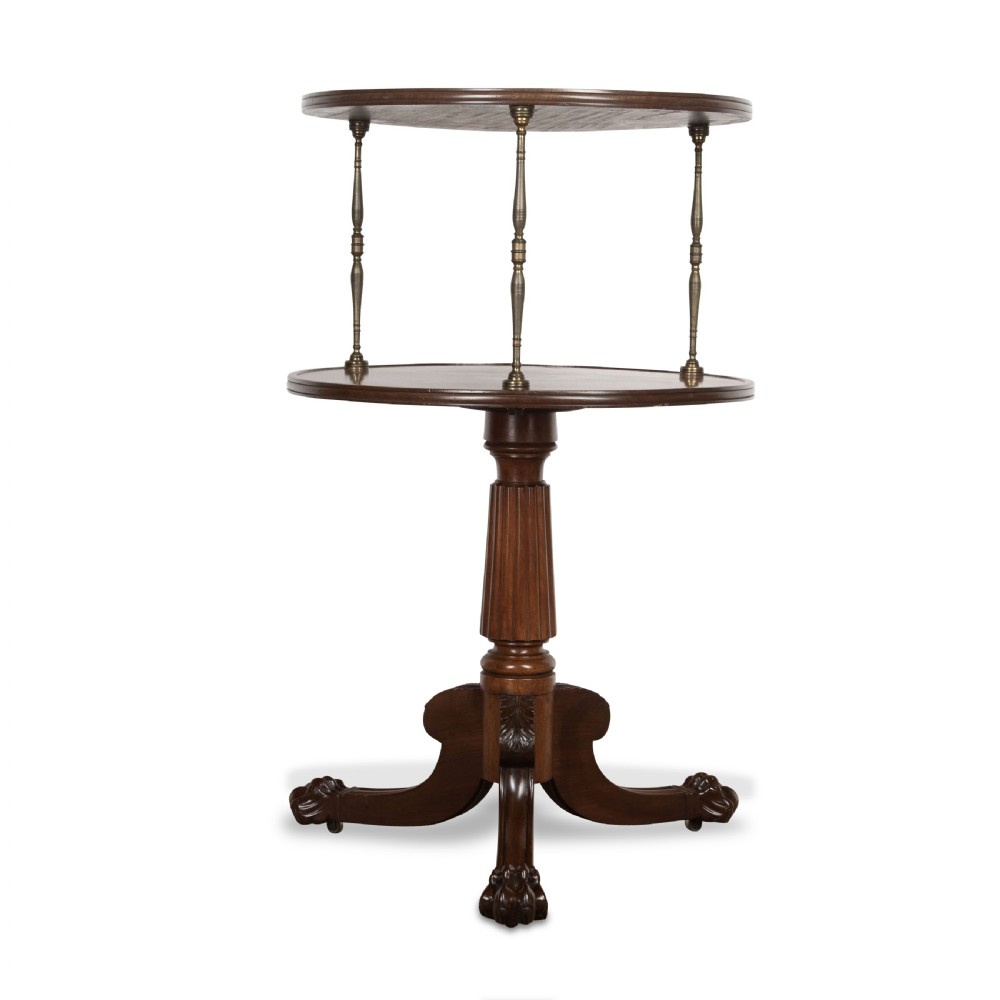 A two-tiered dark mahogany dumbwaiter featuring brass support columns, a fluted central pedestal, and a carved tripod base with paw feet. View II