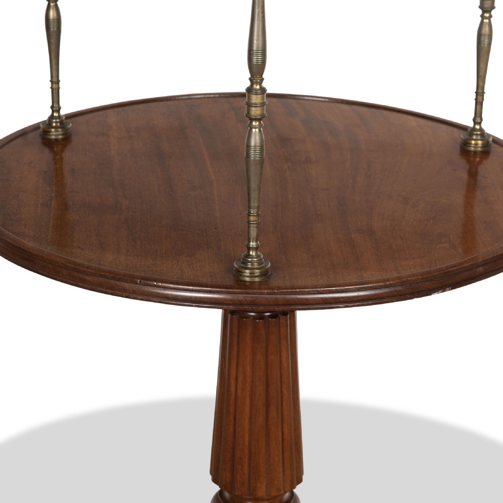 A two-tiered dark mahogany dumbwaiter featuring brass support columns, a fluted central pedestal, and a carved tripod base with paw feet. View IV