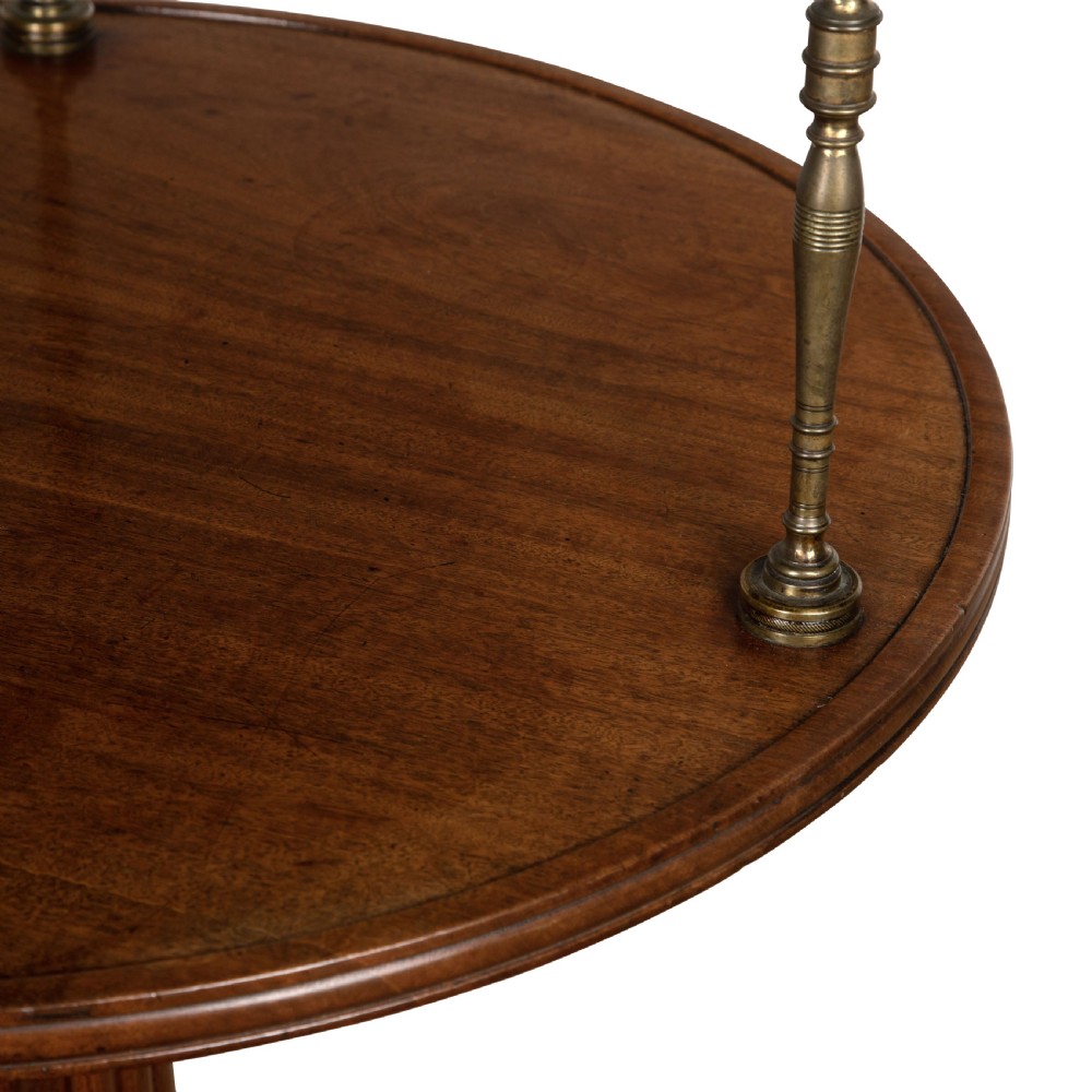 A two-tiered dark mahogany dumbwaiter featuring brass support columns, a fluted central pedestal, and a carved tripod base with paw feet. View V