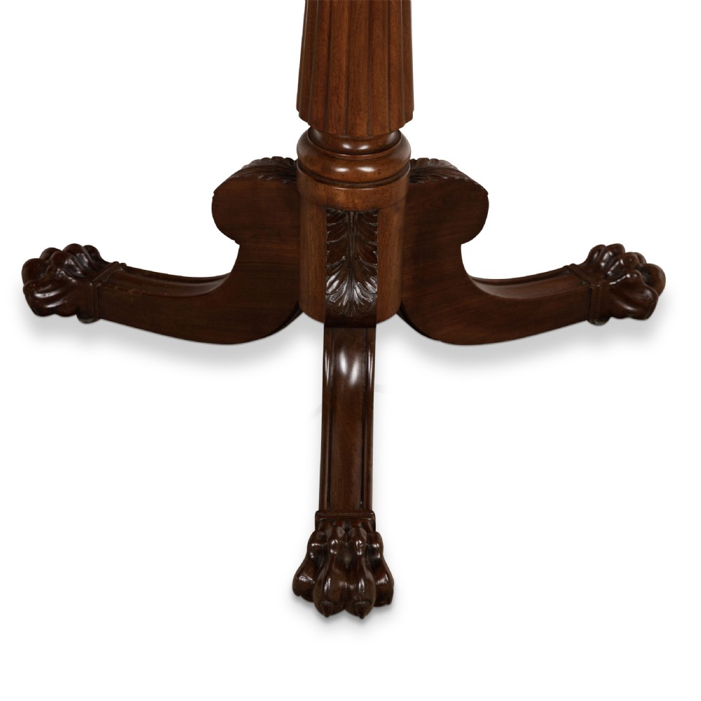 A two-tiered dark mahogany dumbwaiter featuring brass support columns, a fluted central pedestal, and a carved tripod base with paw feet. View VIII