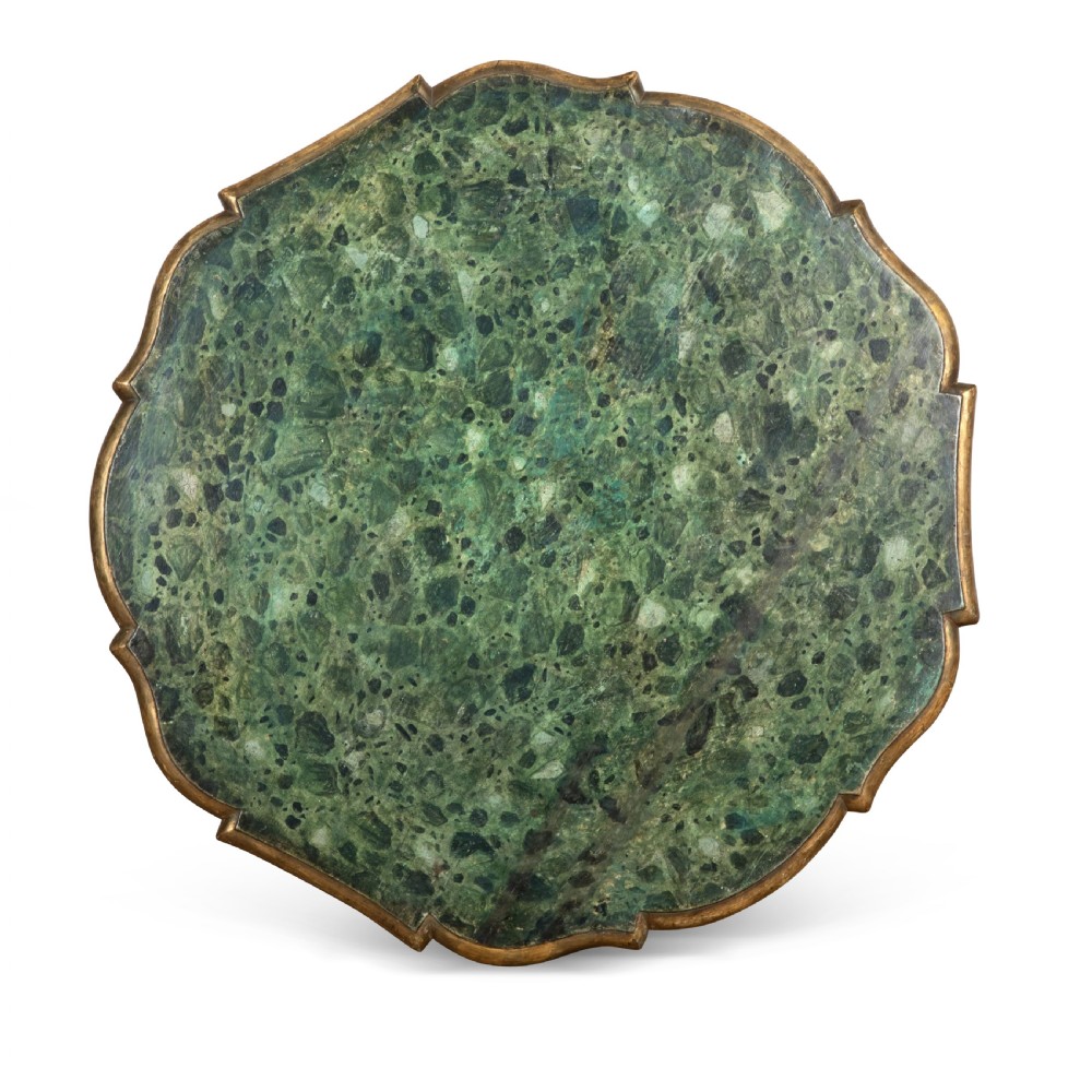 A 19th-century Italian centre table featuring a scalloped green marble top set upon a heavily carved giltwood pedestal base with scroll legs. View X