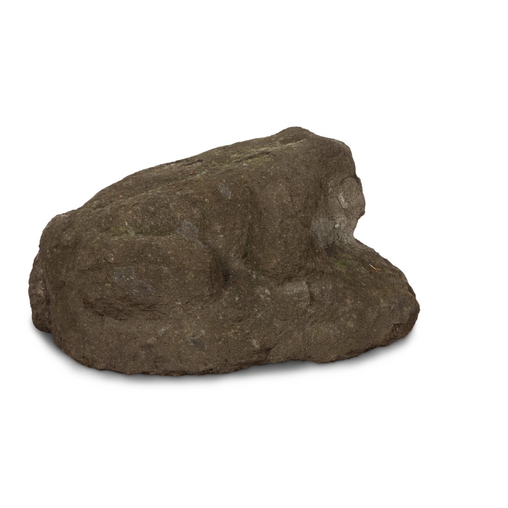 A hand-carved grey stone sculpture depicting a sitting frog with weathered surface textures. View V