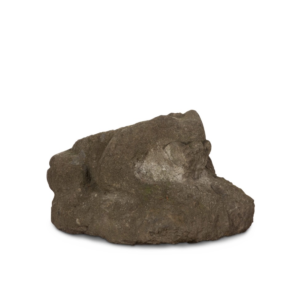 A hand-carved grey stone sculpture depicting a sitting frog with weathered surface textures. View VI