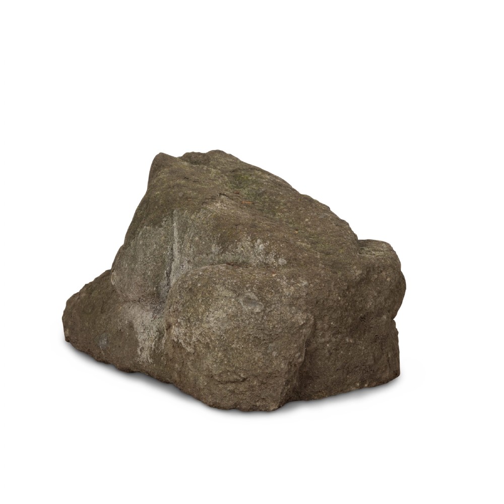 A hand-carved grey stone sculpture depicting a sitting frog with weathered surface textures. View VIII
