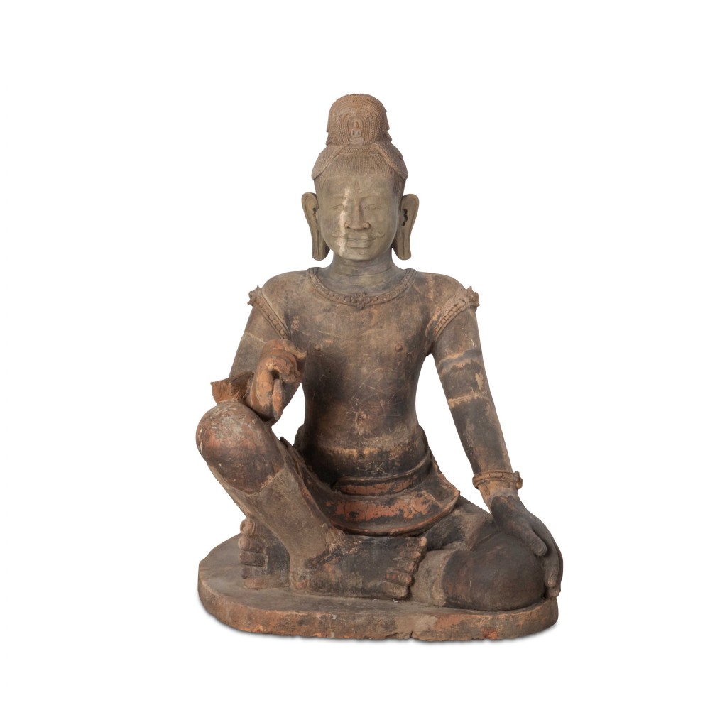 A 19th-century Khmer terracotta figure depicted in a seated pose with traditional attire and a high crown.