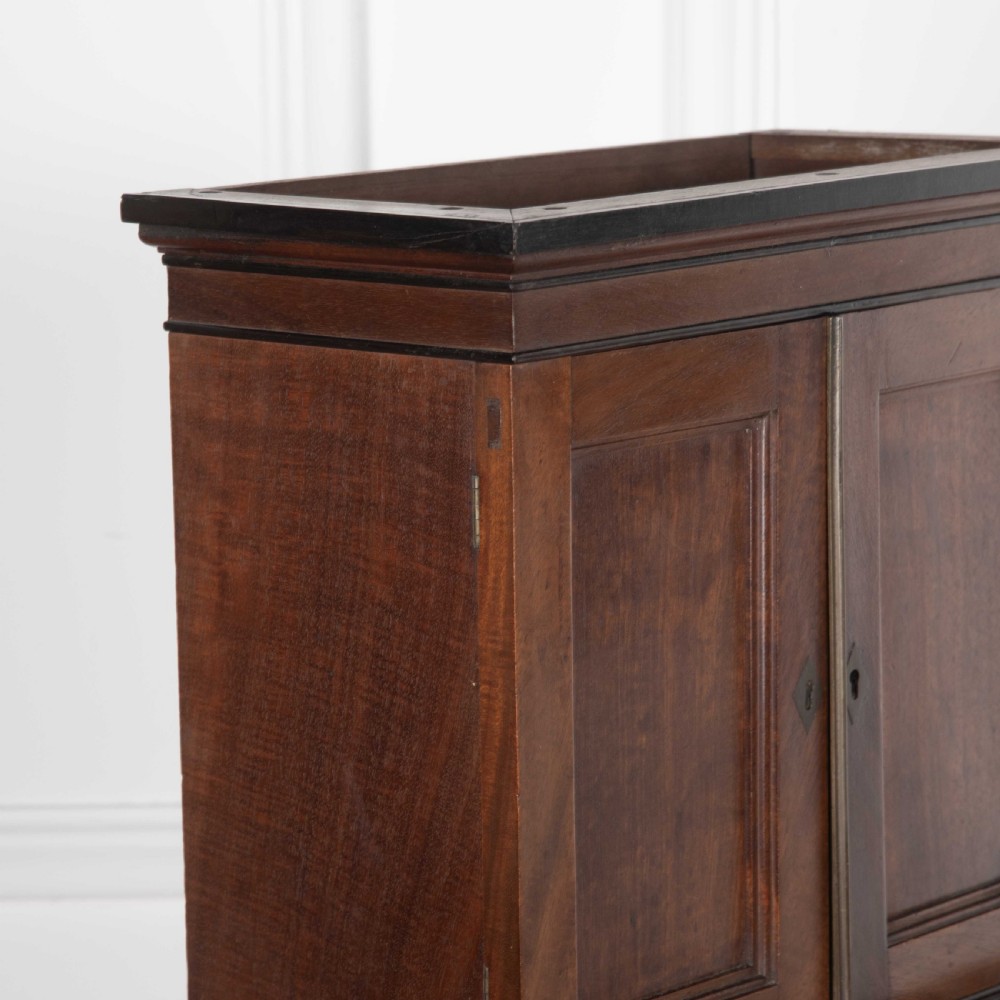 A 19th-century miniature Anglo-Indian hardwood linen press featuring panelled cupboard doors over three drawers, set on carved lion paw feet. View V