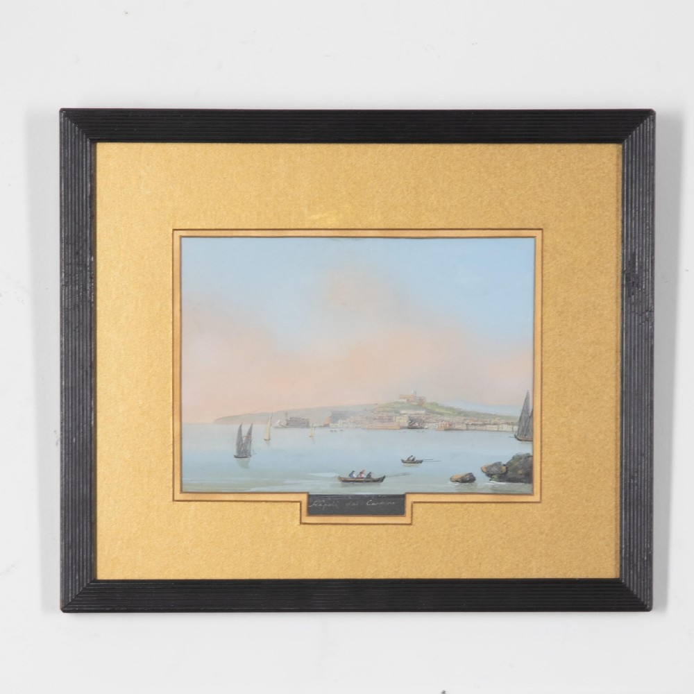 A set of six 19th-century framed gouache paintings depicting Italian classical ruins and coastal views with gold mounts and black frames. View II