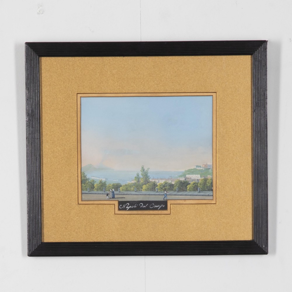 A set of six 19th-century framed gouache paintings depicting Italian classical ruins and coastal views with gold mounts and black frames. View III