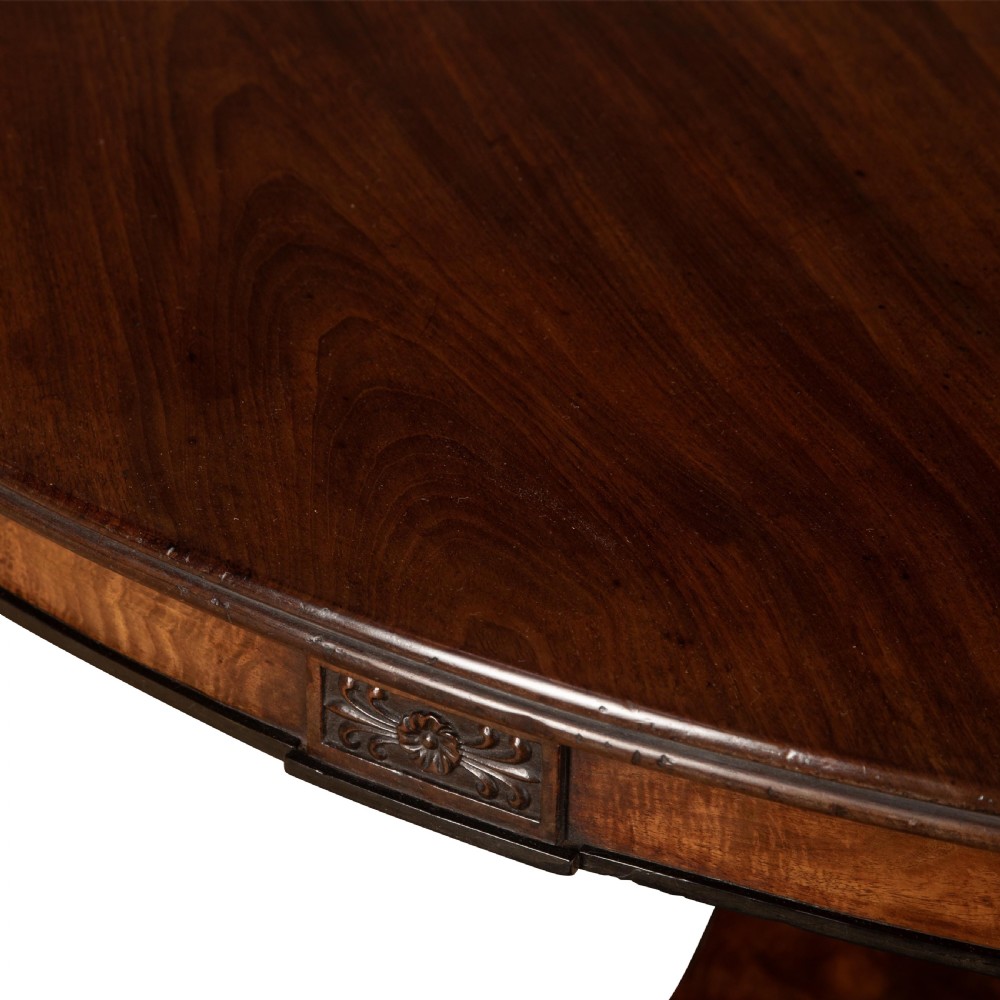 A circular Regency mahogany centre table featuring a carved frieze, a fluted pedestal column, and a concave four-legged plinth base with carved feet. View VII
