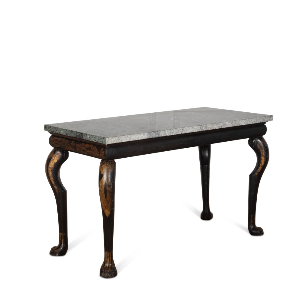 A Regency style ebonised and gilt Chinoiserie console table featuring a grey-green marble top and carved cabriole legs with paw feet. View XV