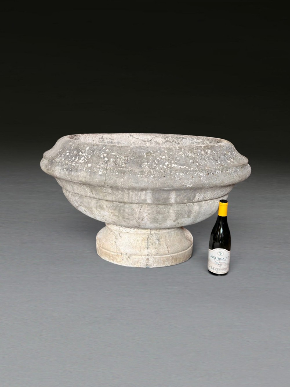 A hand-carved 18th-century grey marble cistern featuring a wide moulded rim and a heavy circular pedestal base. View IV