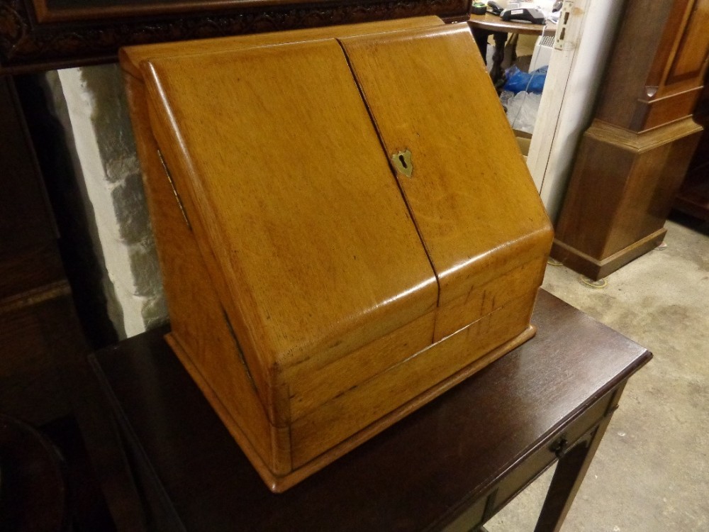 Antique Golden Oak Desk Tidy Stationary Writing Cabinet Calendar