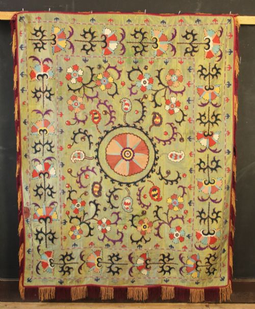 125 X 161cm Antique Green Silk Lakai Nim Suzani