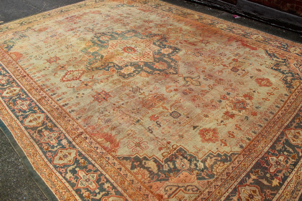 396 x 537cm Antique Green Oushak Carpet View XI