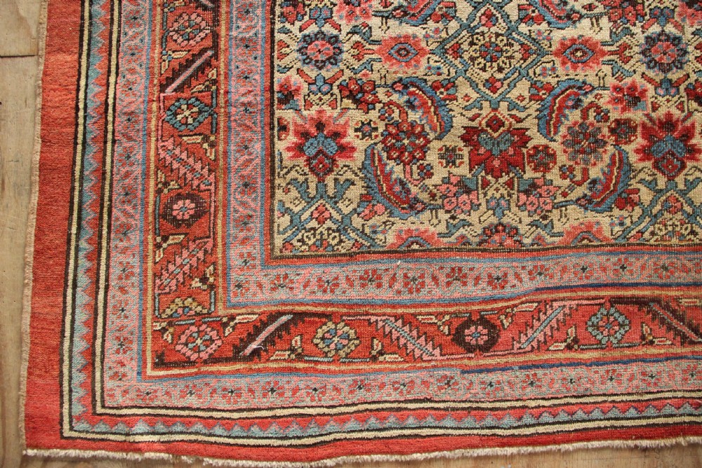 A large hand-knotted antique Bakhshaish wool carpet featuring a dense floral lattice pattern on a cream field surrounded by a terracotta border. View III