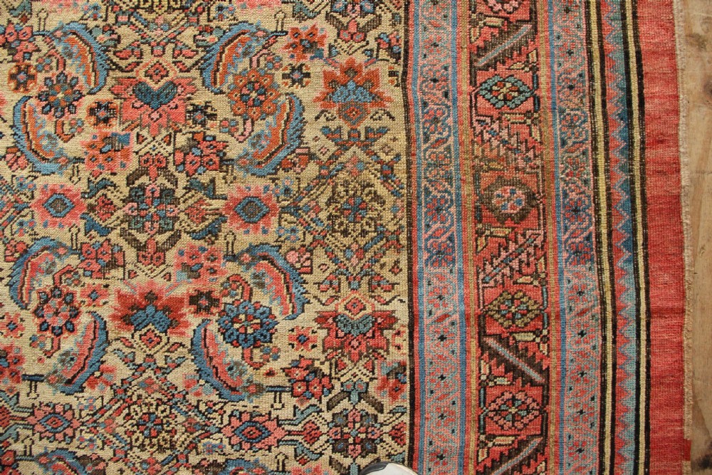 A large hand-knotted antique Bakhshaish wool carpet featuring a dense floral lattice pattern on a cream field surrounded by a terracotta border. View V