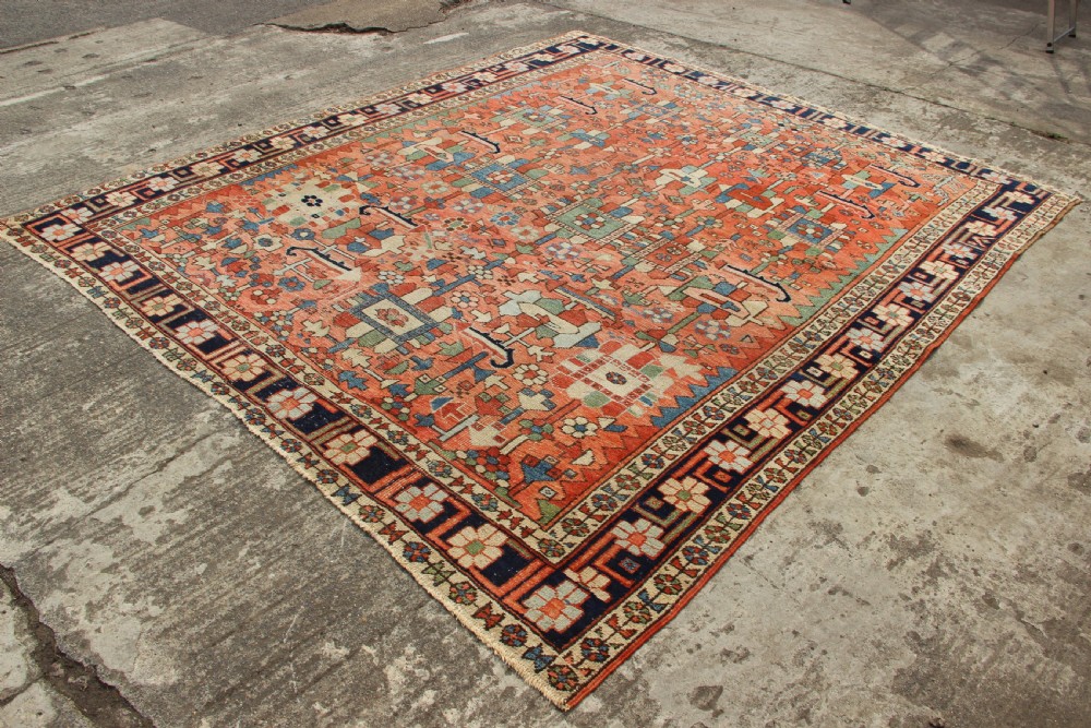257 x 294cm Antique Heriz Carpet, Salmon Field View V