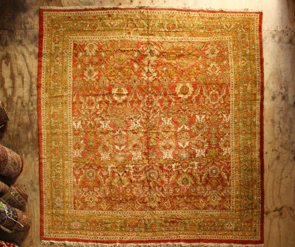 A square hand-knotted antique Ziegler wool carpet featuring a terracotta red field filled with intricate floral palmettes and framed by multi-tiered decorative borders.