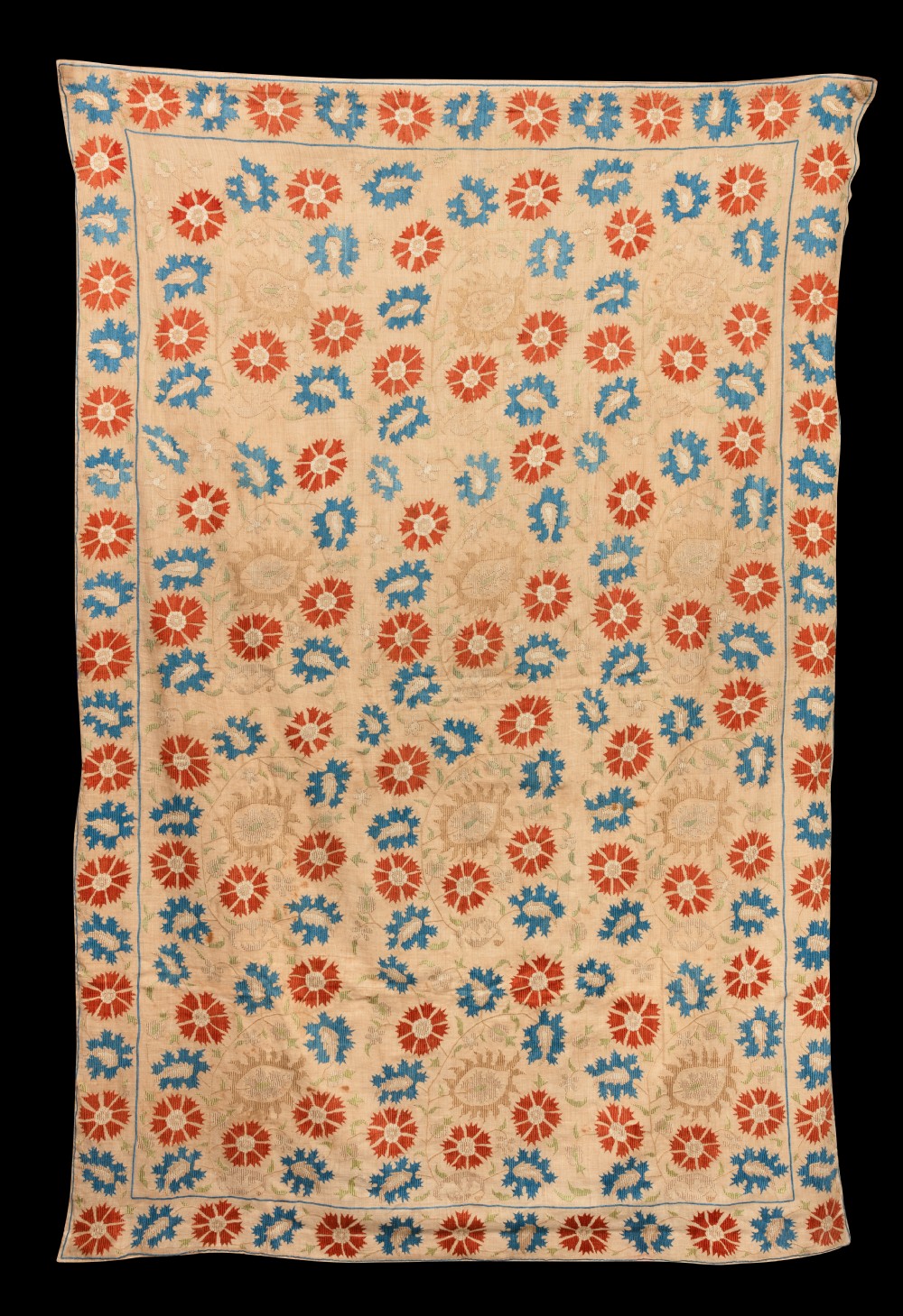 An 18th-century rectangular Ottoman embroidered textile panel featuring repeating red and blue floral motifs on a cream linen ground with a decorative matching border.