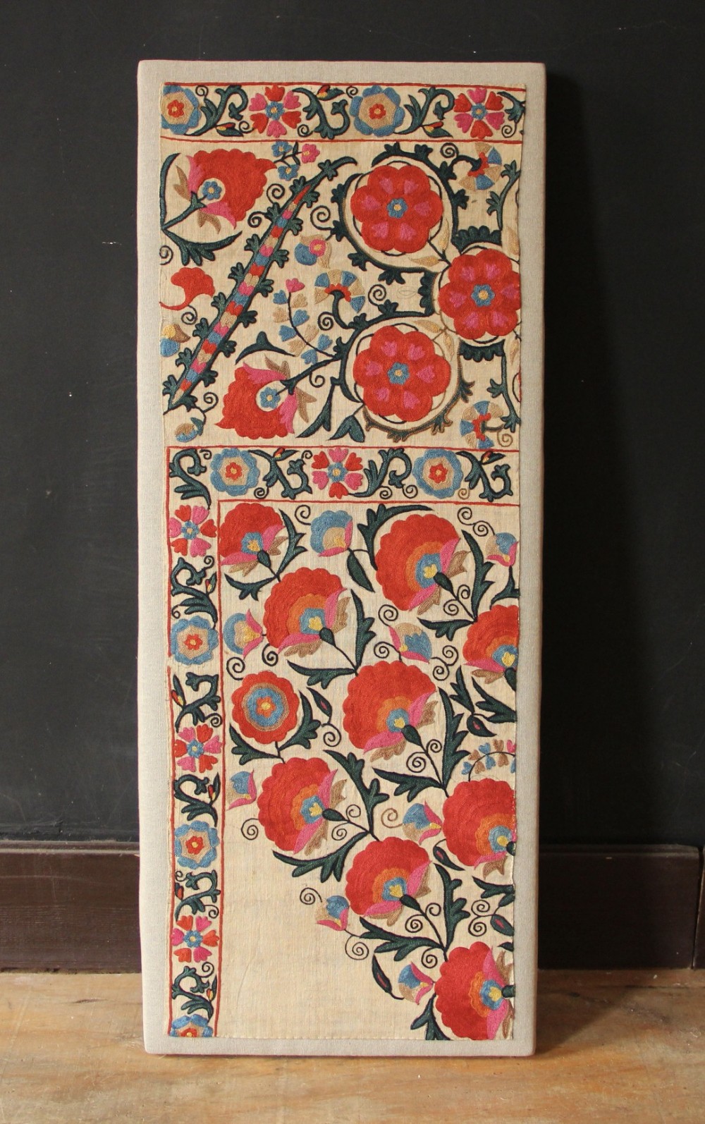 38 x 95cm Antique Uzbek Suzani, Mounted