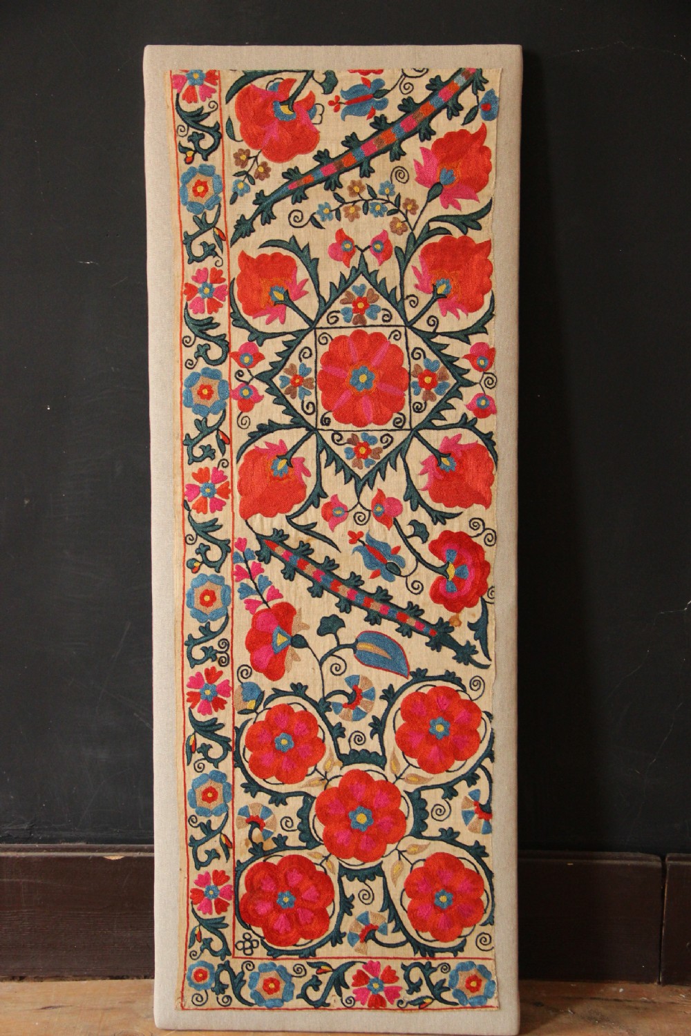 36 x 97cm Antique Uzbek Suzani, Mounted