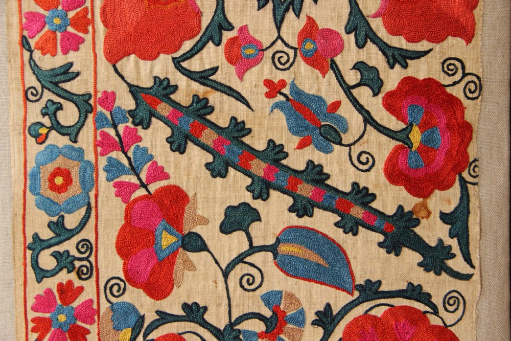 36 x 97cm Antique Uzbek Suzani, Mounted View IV
