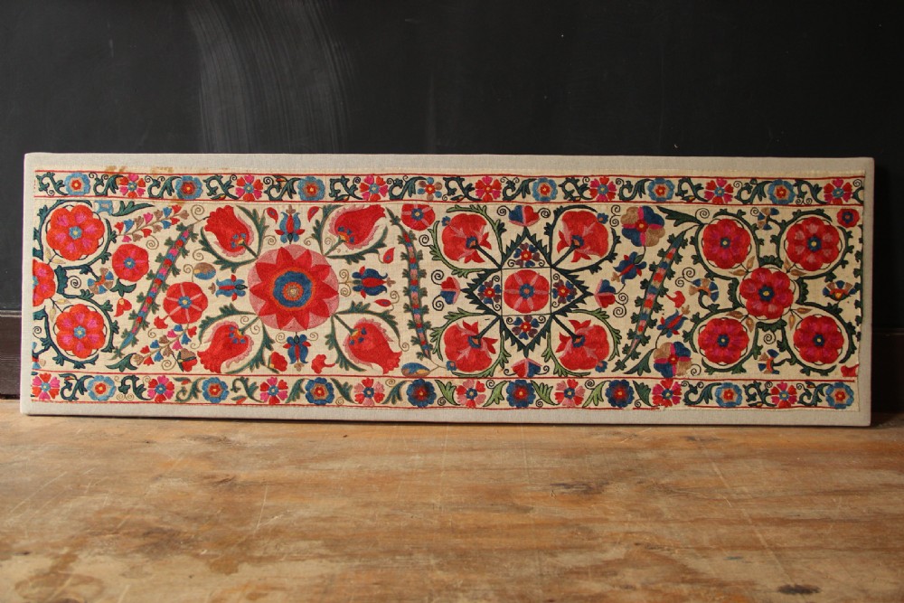 43 x 136cm Antique Uzbek Suzani, Mounted View II