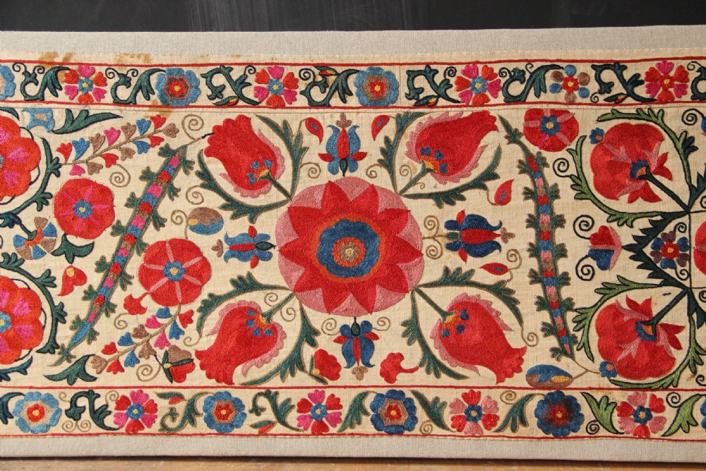 43 x 136cm Antique Uzbek Suzani, Mounted View V