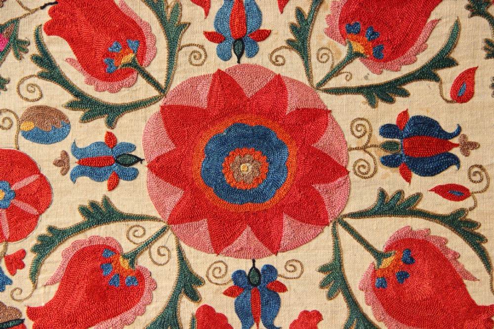43 x 136cm Antique Uzbek Suzani, Mounted View VI