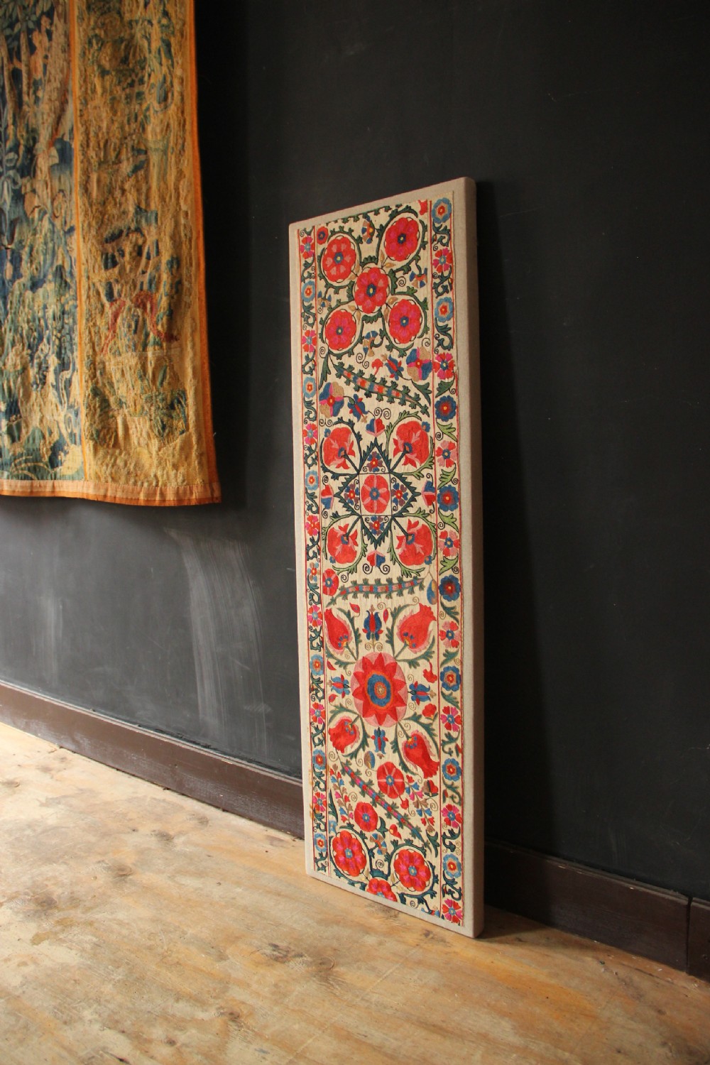 43 x 136cm Antique Uzbek Suzani, Mounted View X
