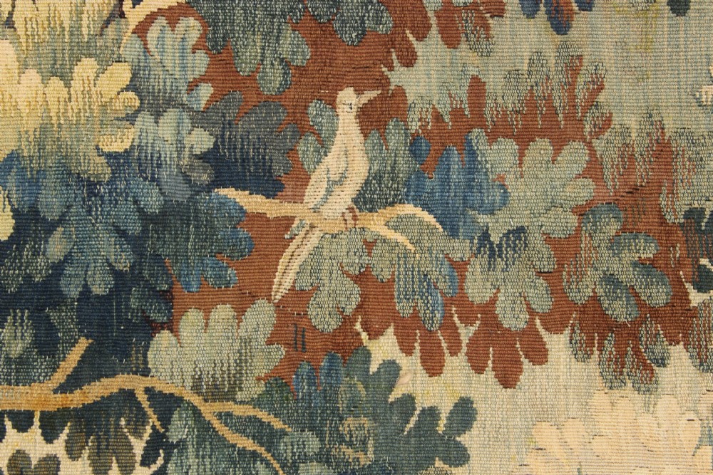 A large hand-woven French Aubusson verdure tapestry depicting swans swimming on a woodland river surrounded by trees and foliage. View XI