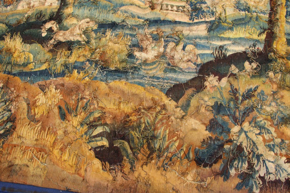 A large hand-woven French Aubusson verdure tapestry depicting swans swimming on a woodland river surrounded by trees and foliage. View XV