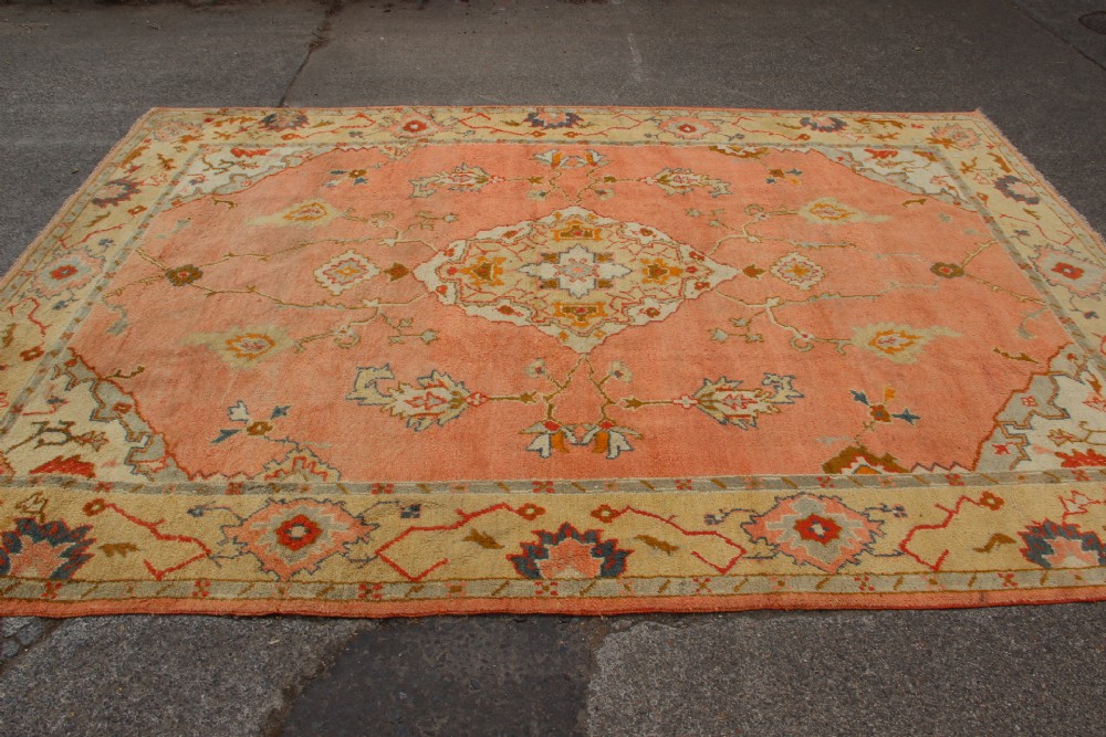 An antique hand-knotted wool carpet featuring a central medallion on a peach-coloured field surrounded by patterned floral borders. View VII