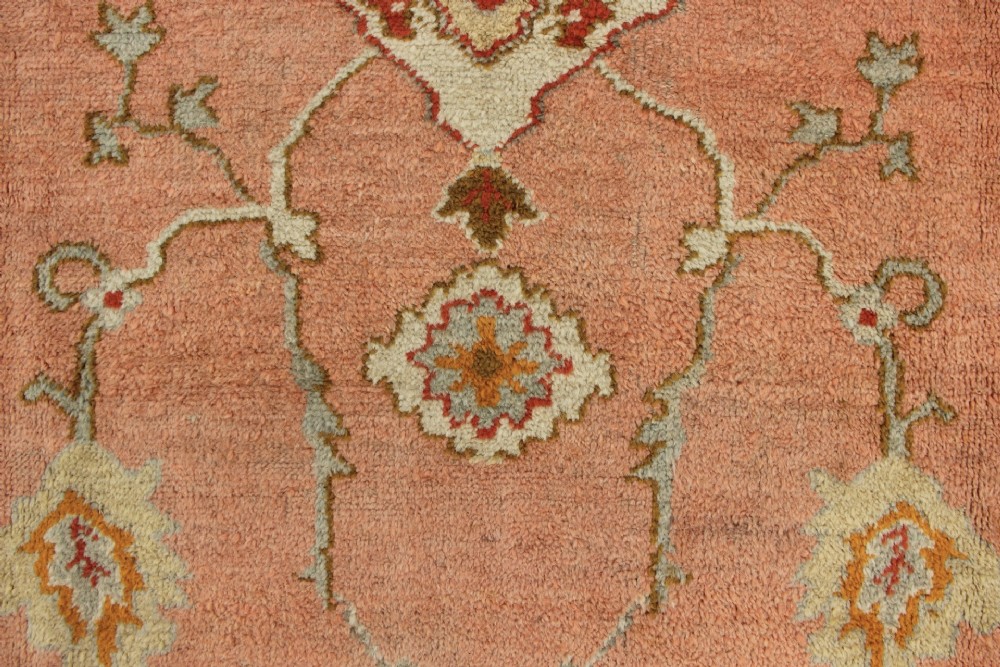 An antique hand-knotted wool carpet featuring a central medallion on a peach-coloured field surrounded by patterned floral borders. View X