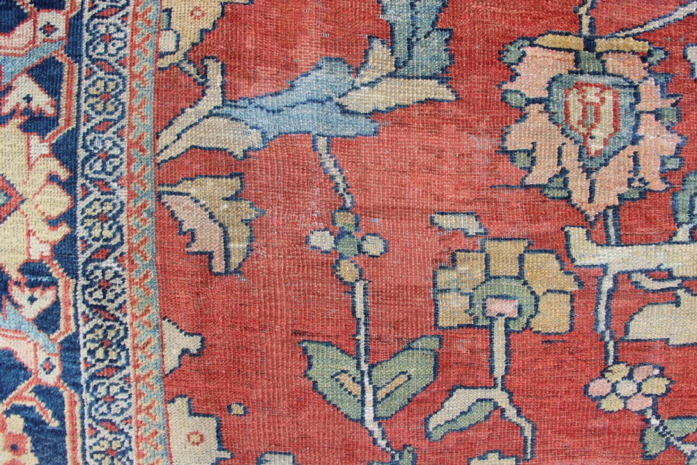 A large hand-knotted wool carpet featuring a terracotta central field with scrolling beige floral motifs framed by a wide navy blue patterned border. View V