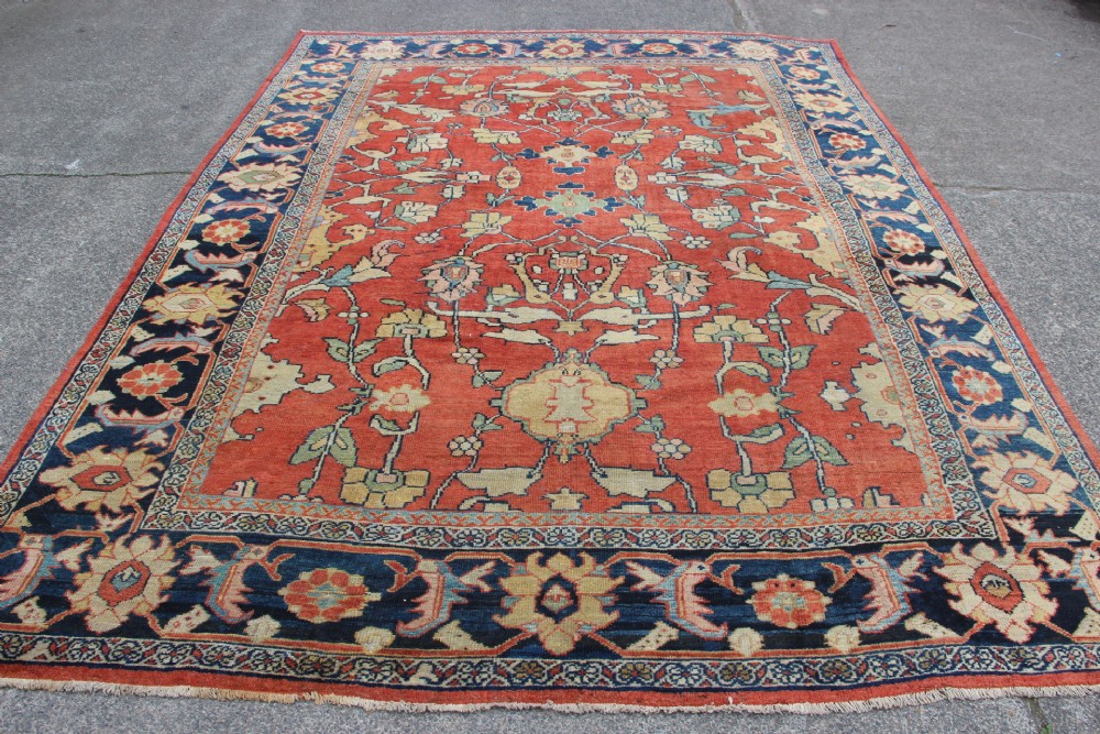 A large hand-knotted wool carpet featuring a terracotta central field with scrolling beige floral motifs framed by a wide navy blue patterned border. View XII