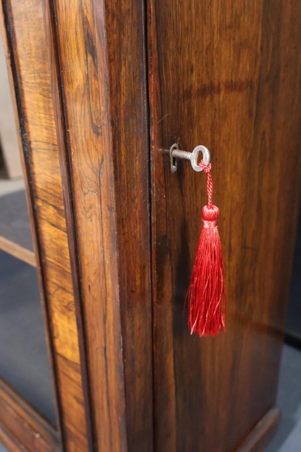 A Regency dark rosewood pier cabinet featuring a single glazed door revealing internal shelves, set on turned bun feet. View V