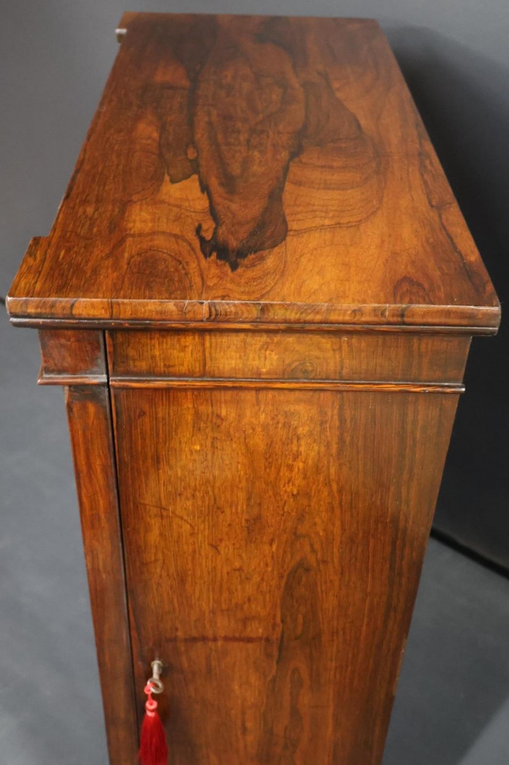 A Regency dark rosewood pier cabinet featuring a single glazed door revealing internal shelves, set on turned bun feet. View XII