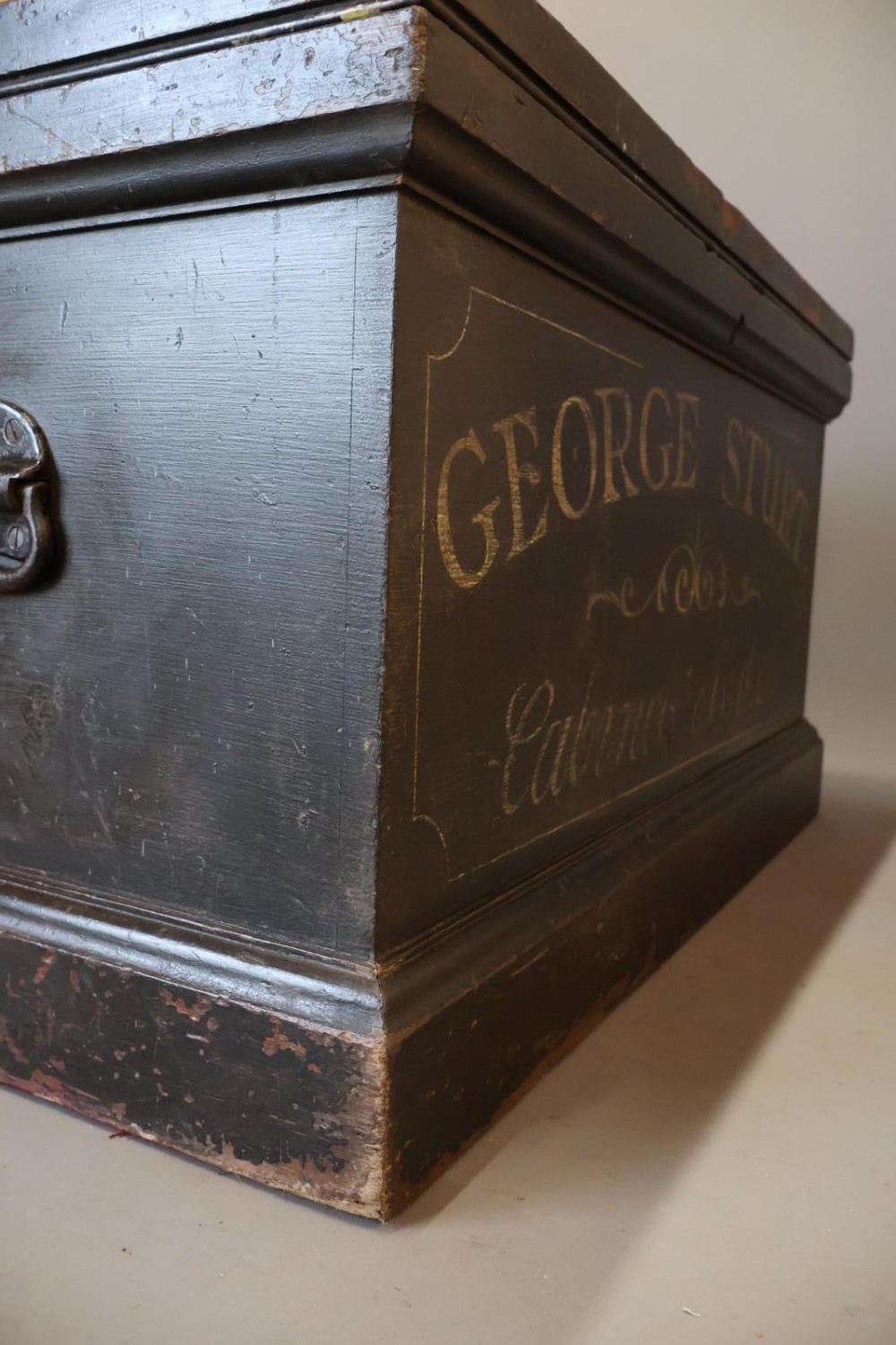 A Victorian painted wooden cabinet makers tool chest with hand-painted lettering on the front exterior and a mahogany fitted interior with geometric lid panelling. View III