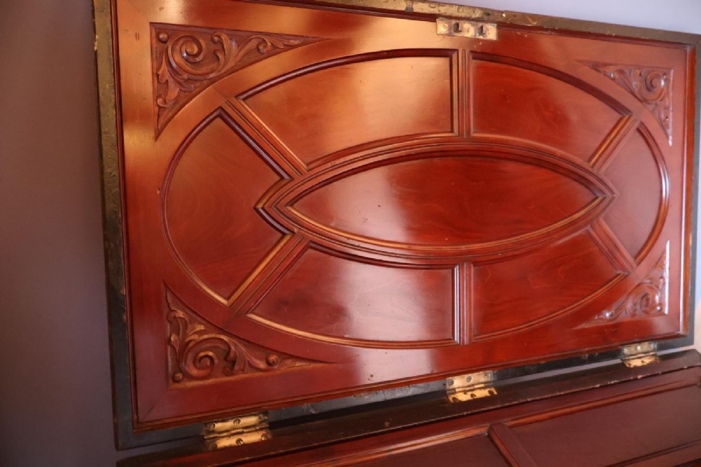A Victorian painted wooden cabinet makers tool chest with hand-painted lettering on the front exterior and a mahogany fitted interior with geometric lid panelling. View IV