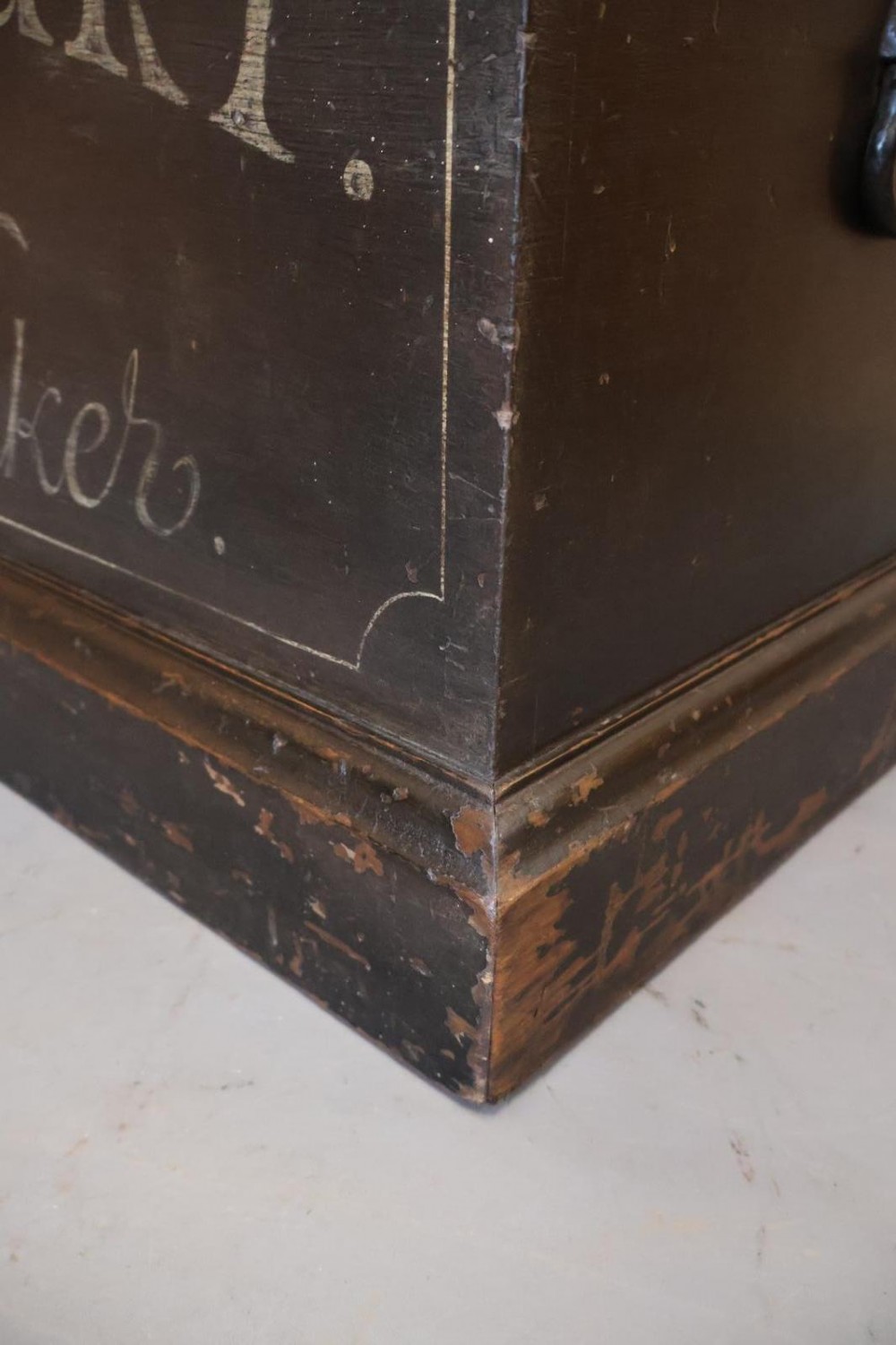 A Victorian painted wooden cabinet makers tool chest with hand-painted lettering on the front exterior and a mahogany fitted interior with geometric lid panelling. View VI