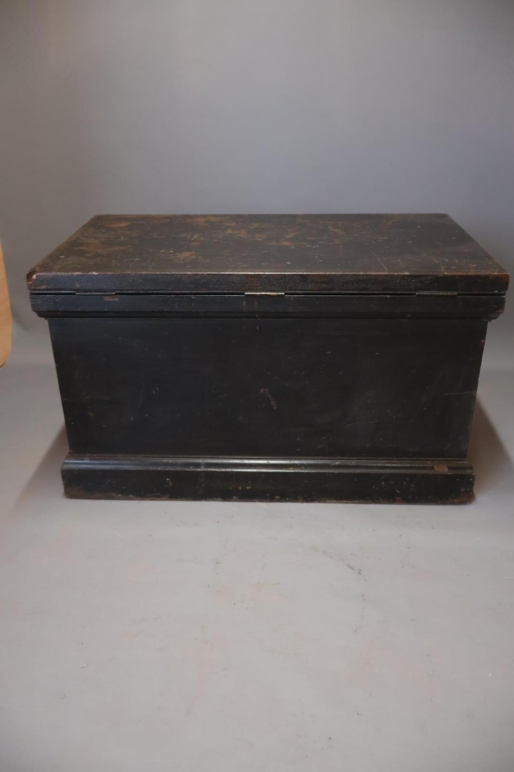 A Victorian painted wooden cabinet makers tool chest with hand-painted lettering on the front exterior and a mahogany fitted interior with geometric lid panelling. View IX
