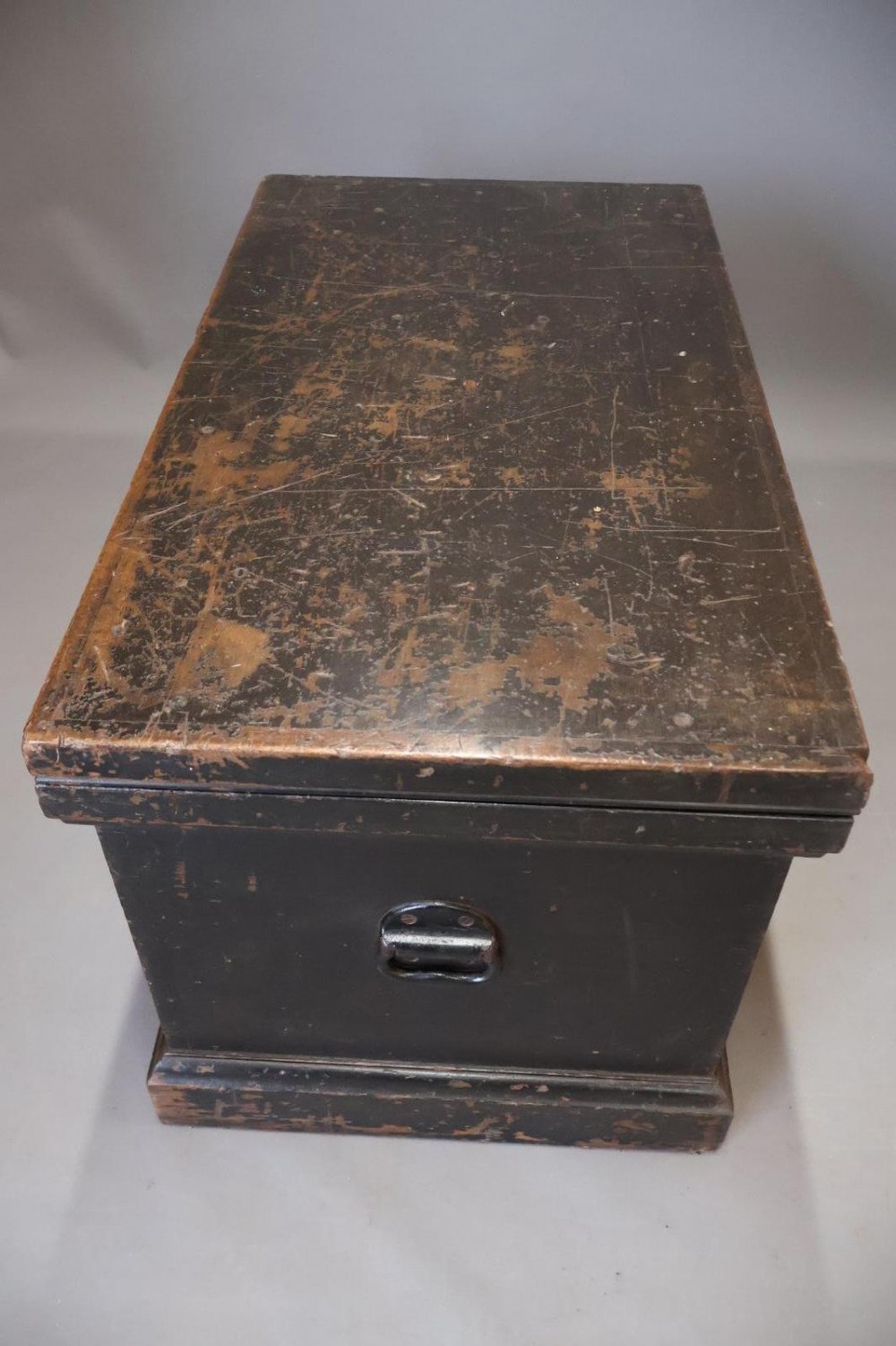 A Victorian painted wooden cabinet makers tool chest with hand-painted lettering on the front exterior and a mahogany fitted interior with geometric lid panelling. View X