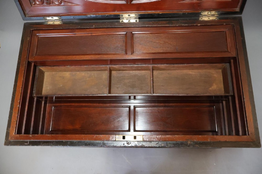 A Victorian painted wooden cabinet makers tool chest with hand-painted lettering on the front exterior and a mahogany fitted interior with geometric lid panelling. View XIII